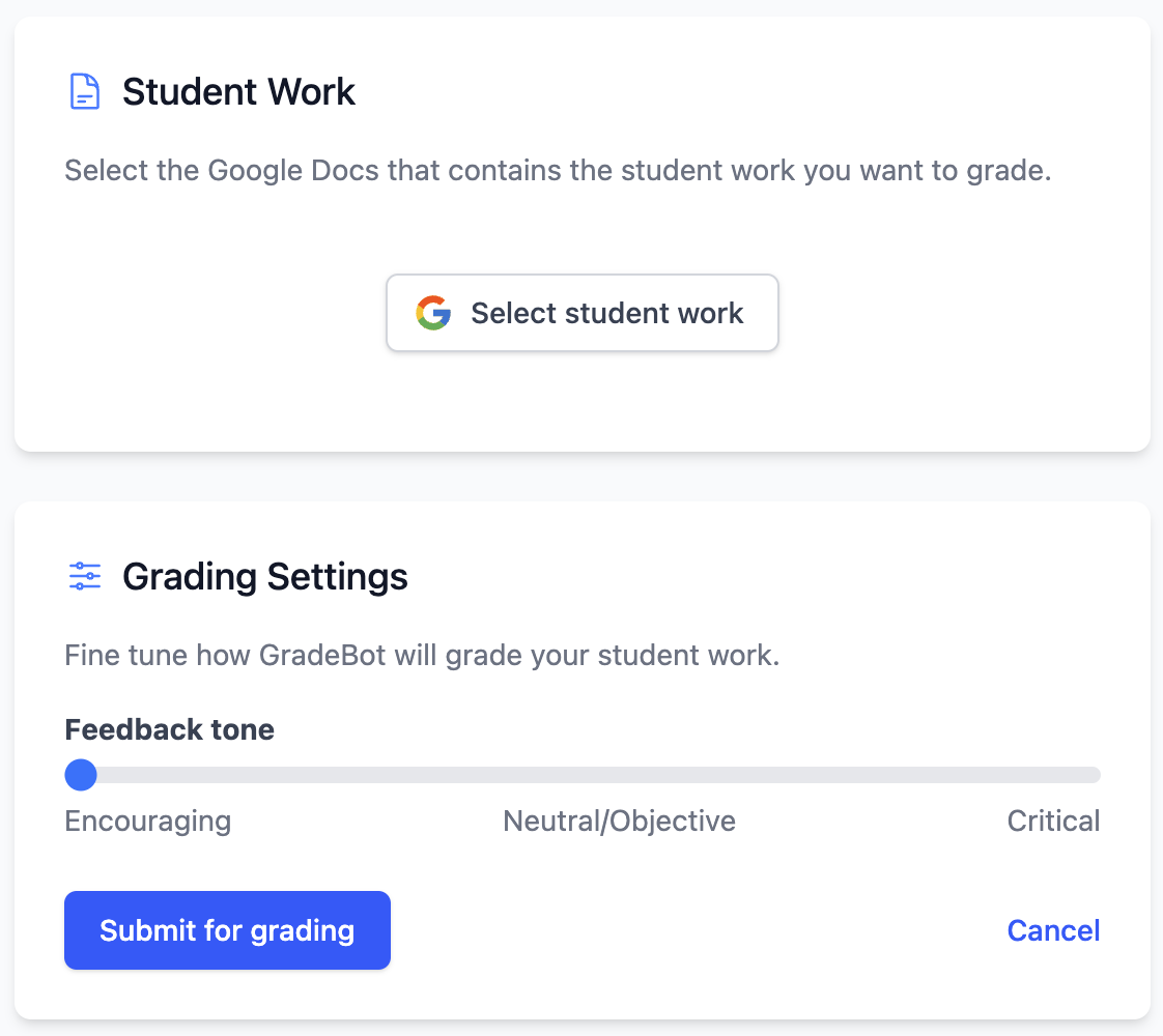 Screenshot showing the GradeBot workflow interface with assignment setup and feedback generation